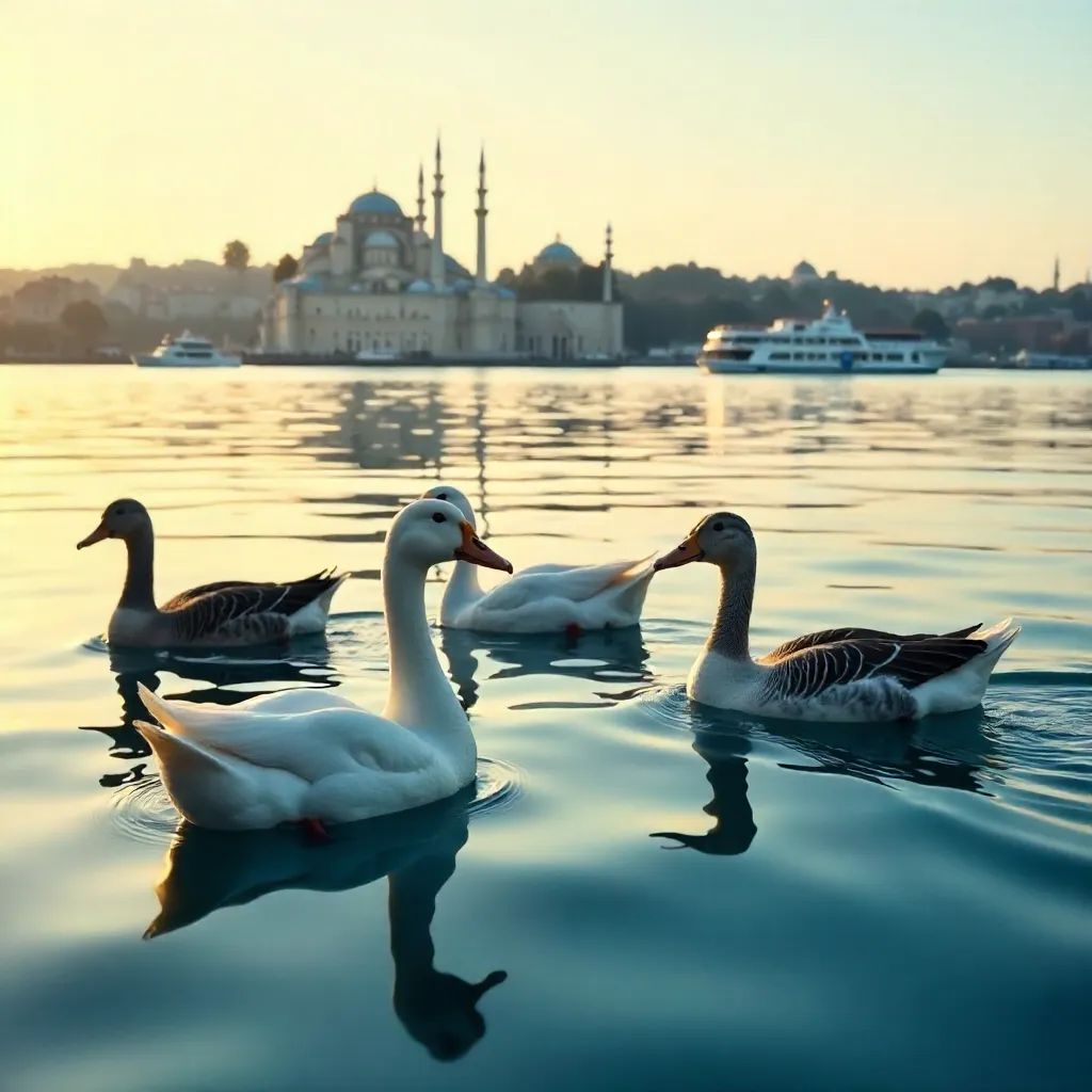 Four Ducks on Reflective Bosphorus Waters, Istanbul