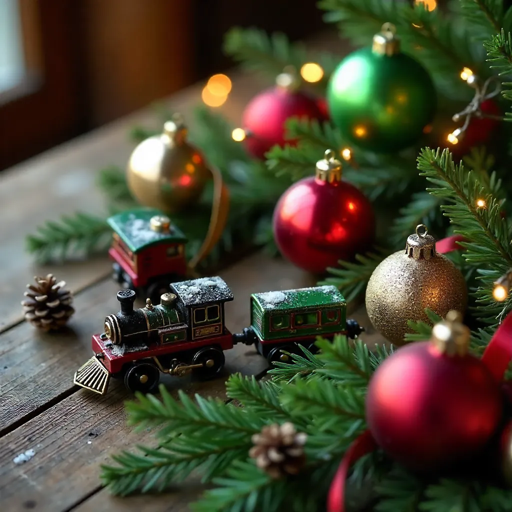 Festive Ornaments with Toy Train and Pine Branches