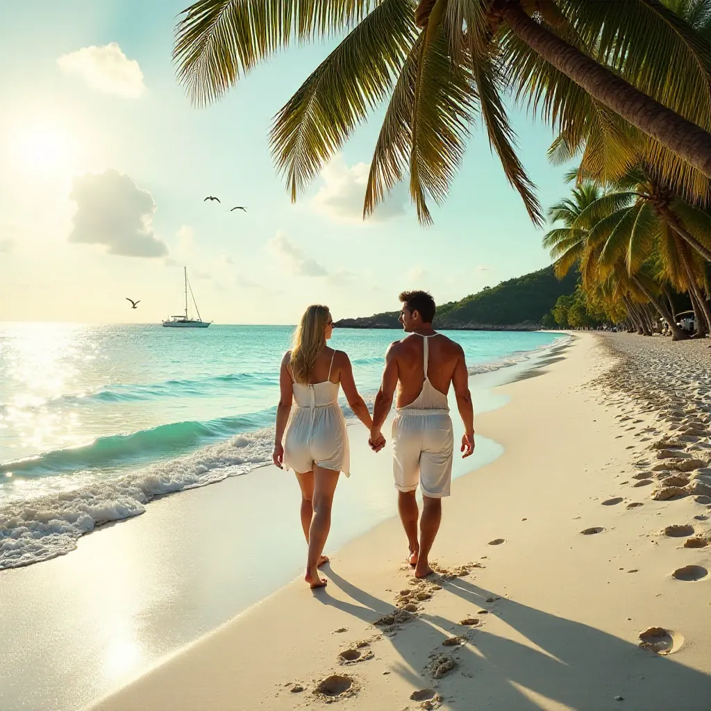 Couple on Cancun Beach: Turquoise Waters at Sunset