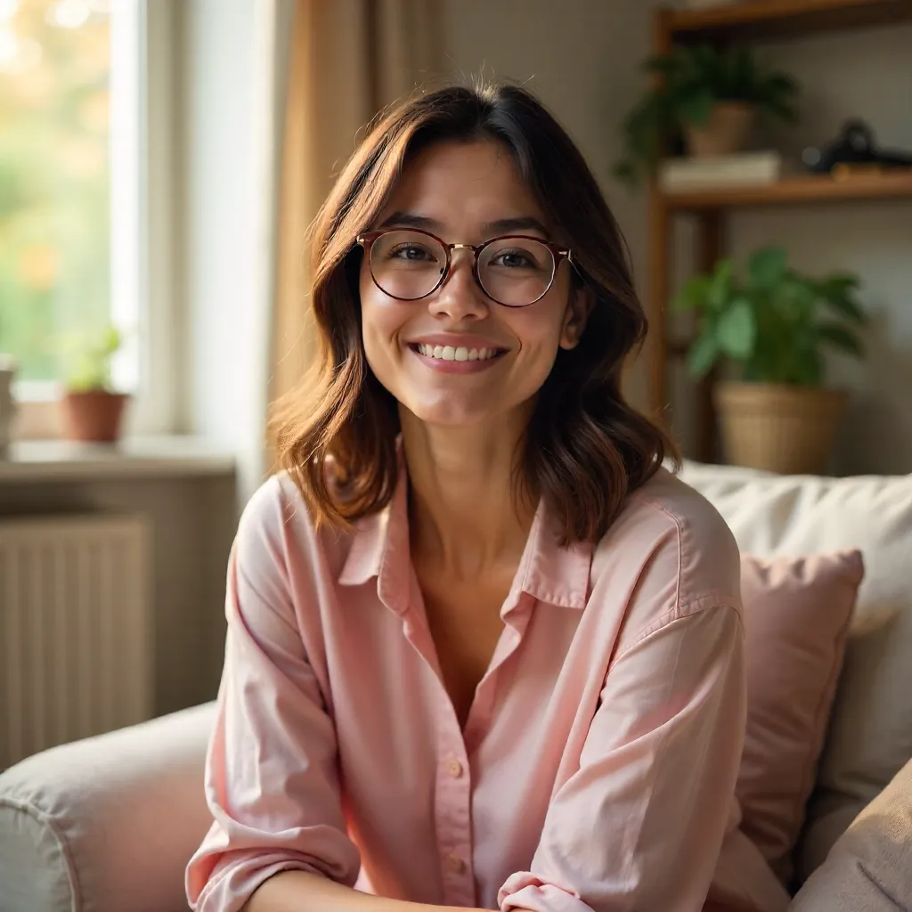 Cozy Indoor Portrait: Relaxed Woman in Pink