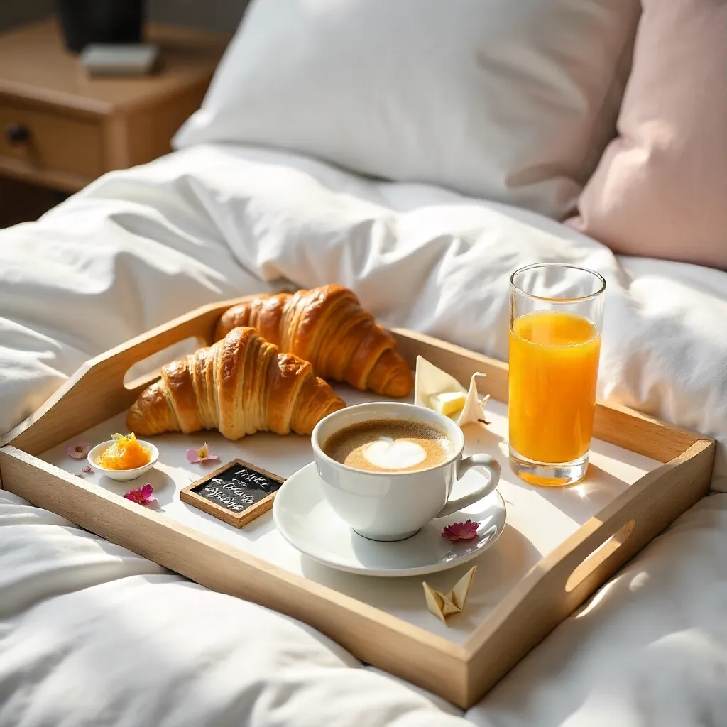 Elegant Bed Tray Breakfast with Croissants and Artful Decor