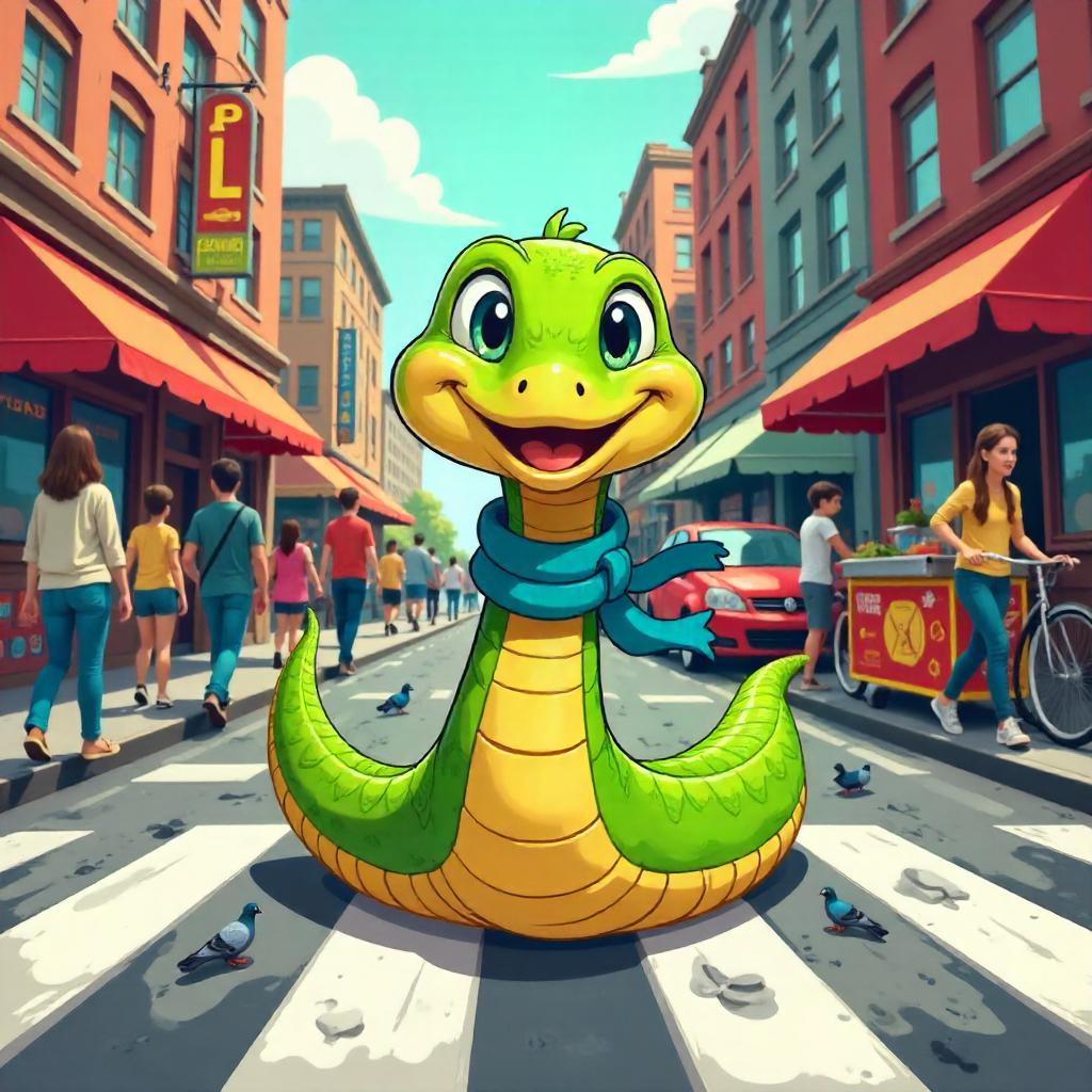 Cartoon Snake Navigates a Busy City Street