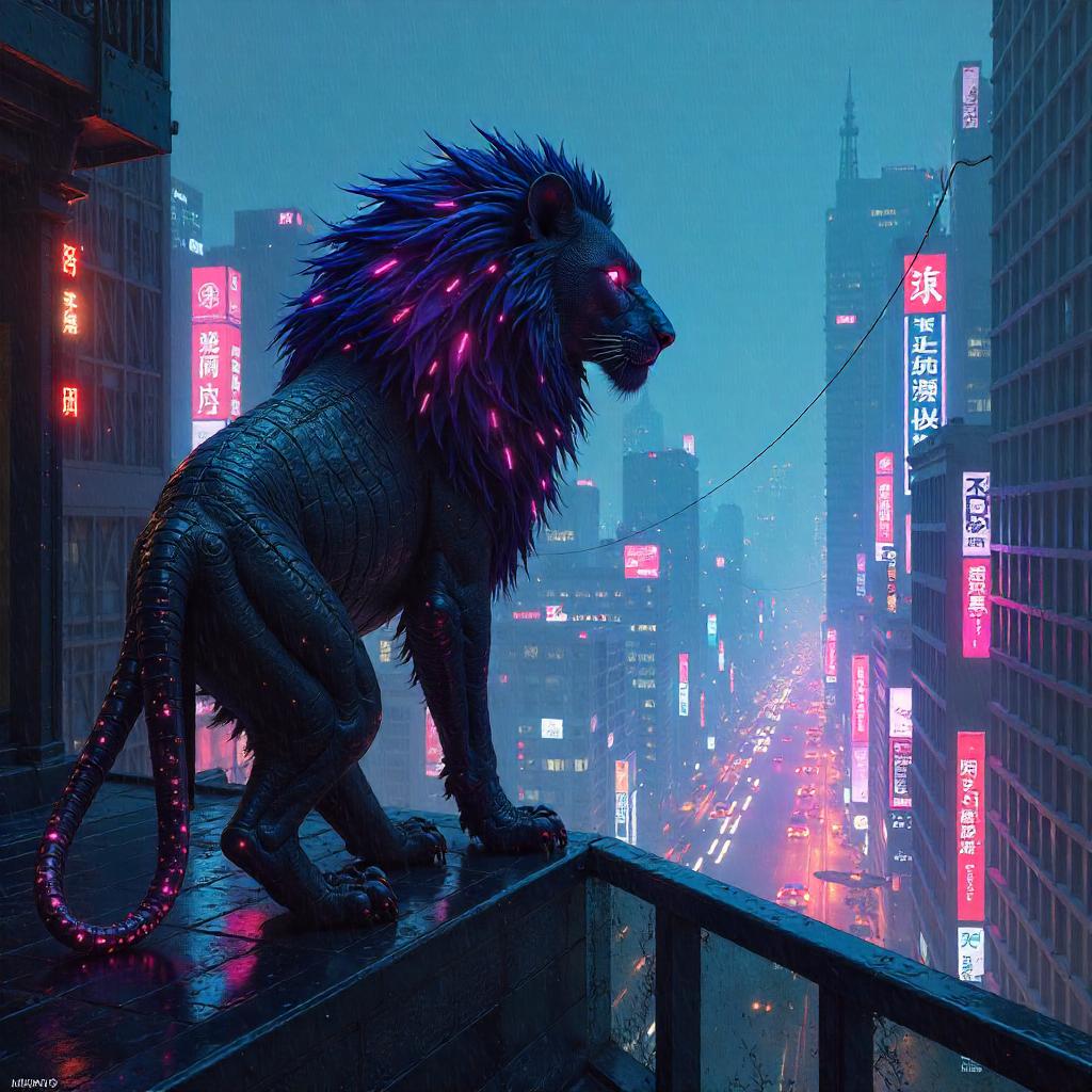 Neon Manticore in a Cyberpunk City