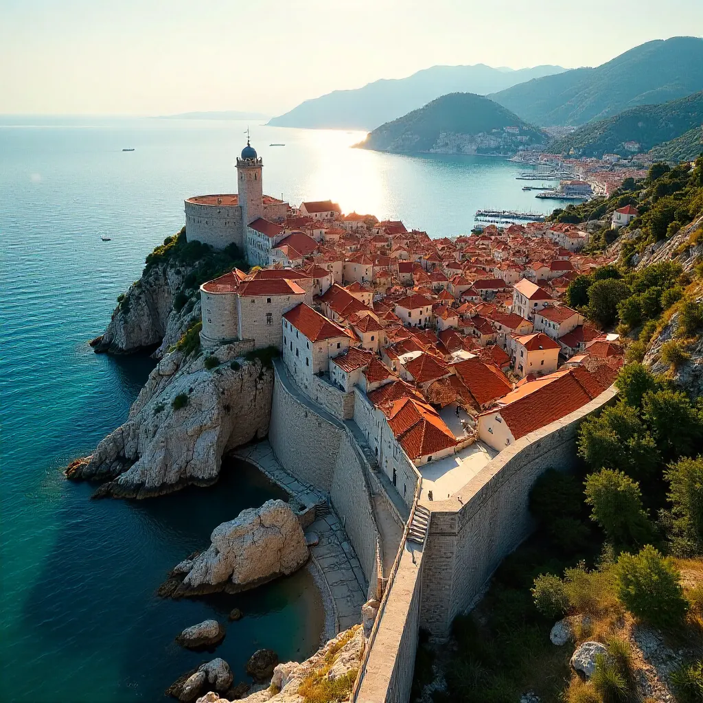 Aerial View of Dubrovnik Old Town and Fortified Walls