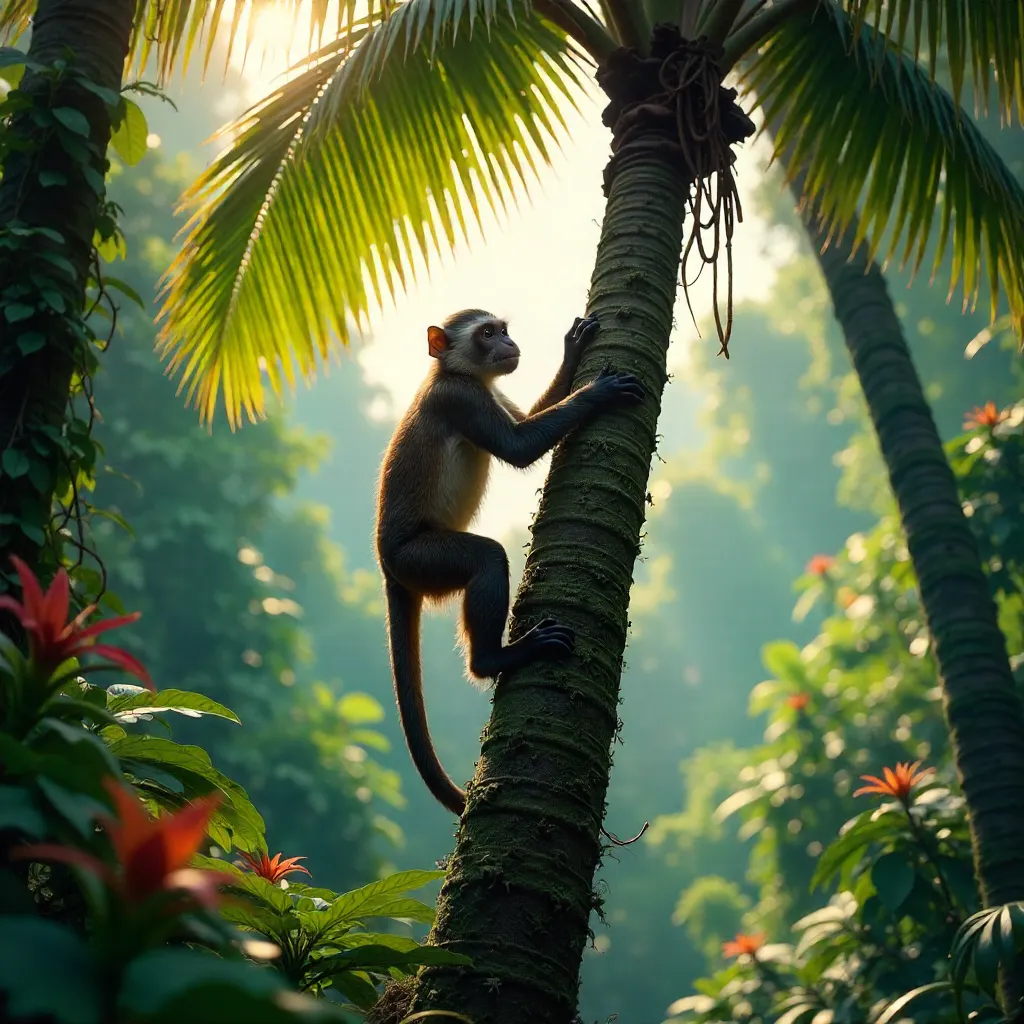 Capuchin Climbing a Palm in Brazilian Jungle