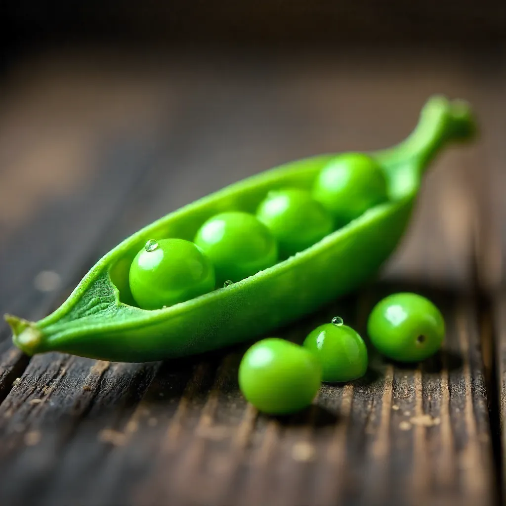 Macro shot: Fresh green peas spilling from a pod