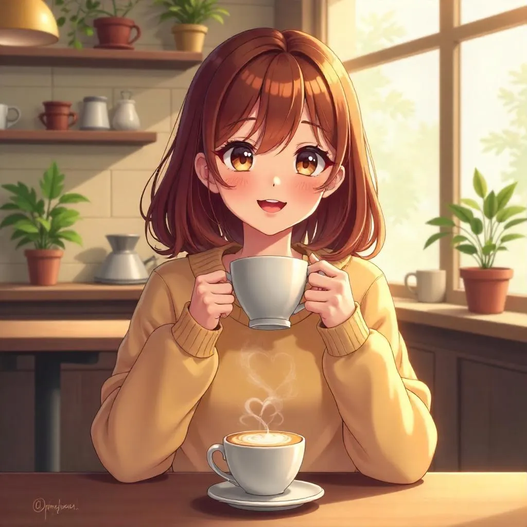 Cheerful anime woman in a cozy coffee shop