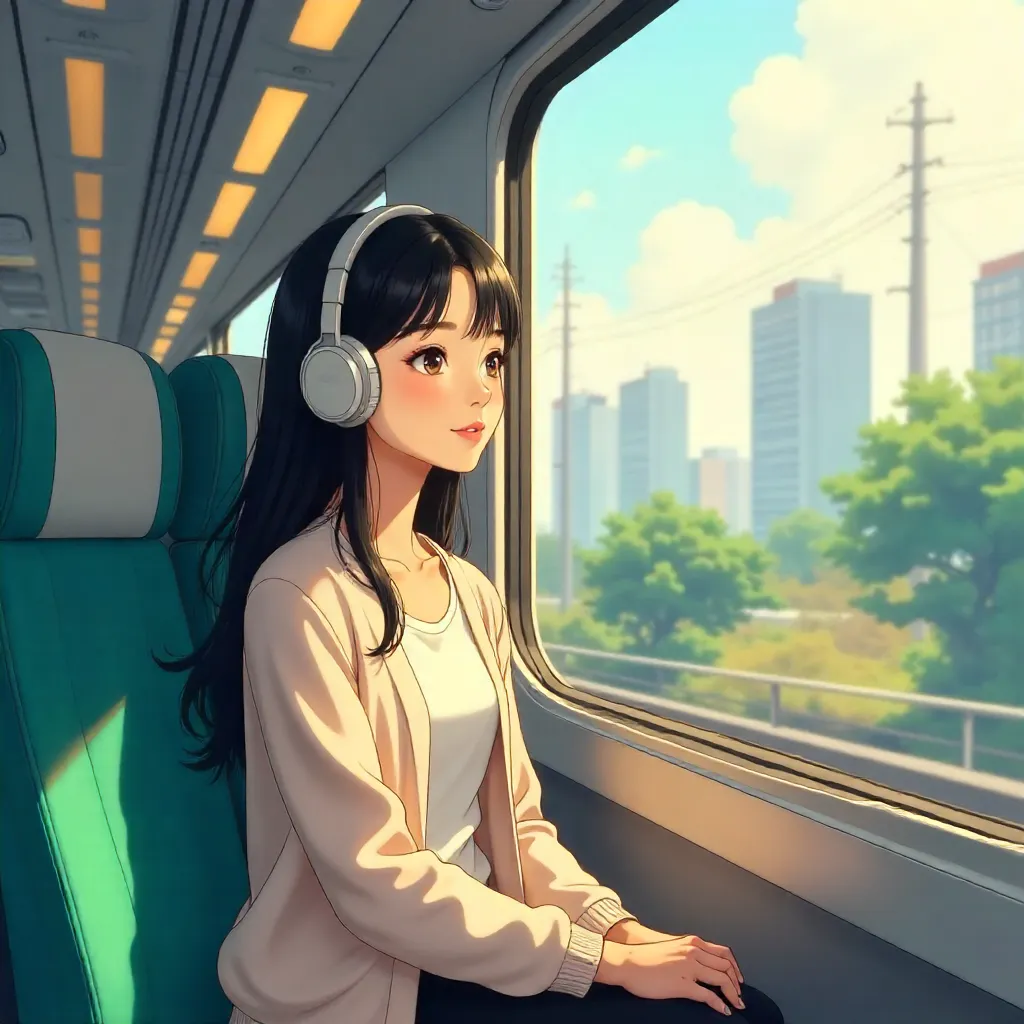 Anime Style: Young Asian Woman on a High-Speed Train