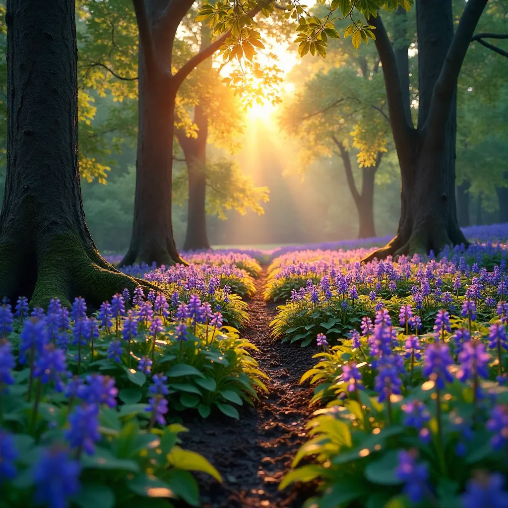 Golden Sunrise over a Bluebell Forest in Soft Morning Light