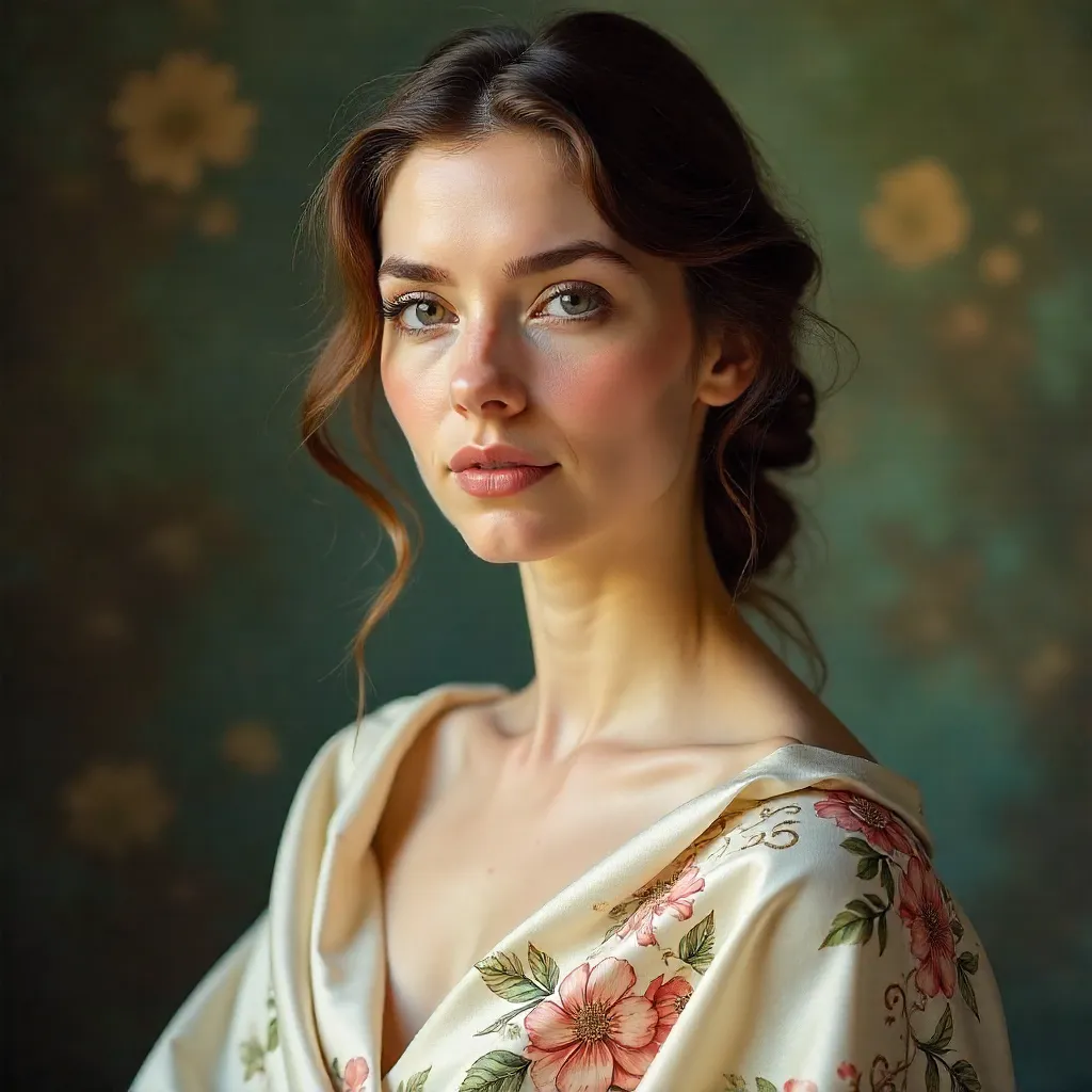 Serene Floral Portrait on Silken Fabric