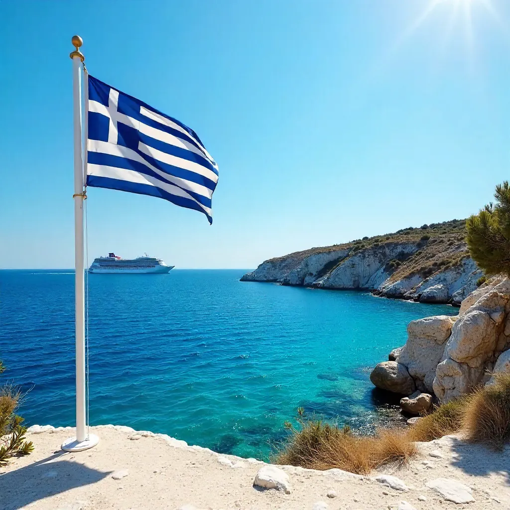 Peaceful Greek Seaside: Flag, Sea, and Distant Cruise Ship