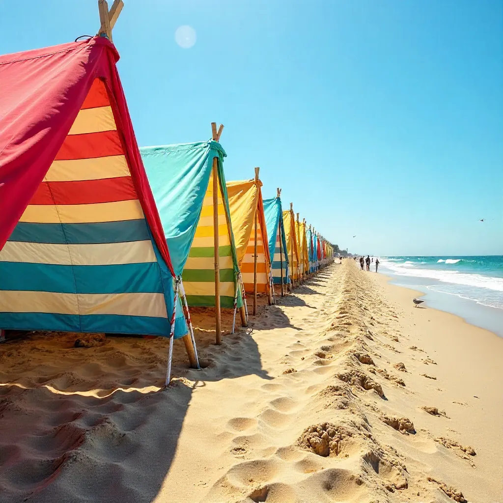 Striped Beach Tents on a Sunny Sandy Shore