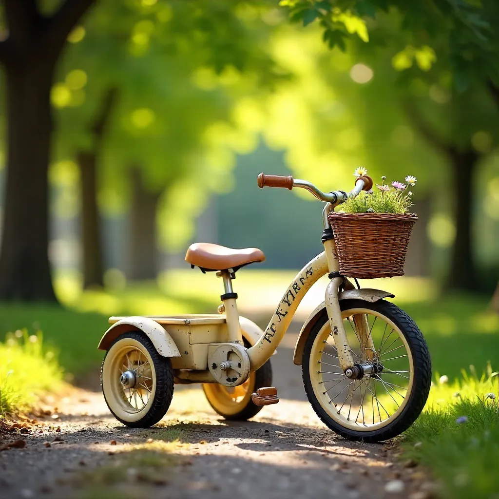 Sunny Vintage Tricycle Under Leafy Trees