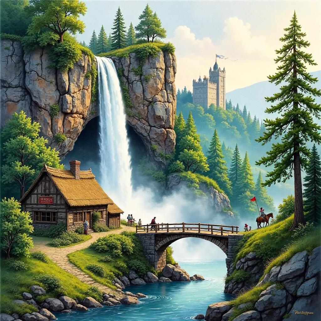 Medieval Watercolor: Waterfall Over Mossy Cliffs