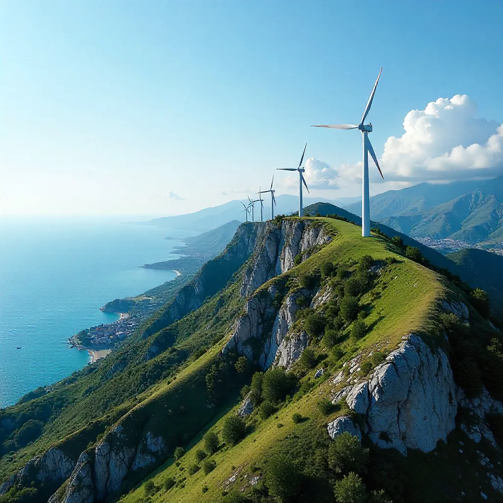 Aerial wind turbines over İzmir mountains under clear skies