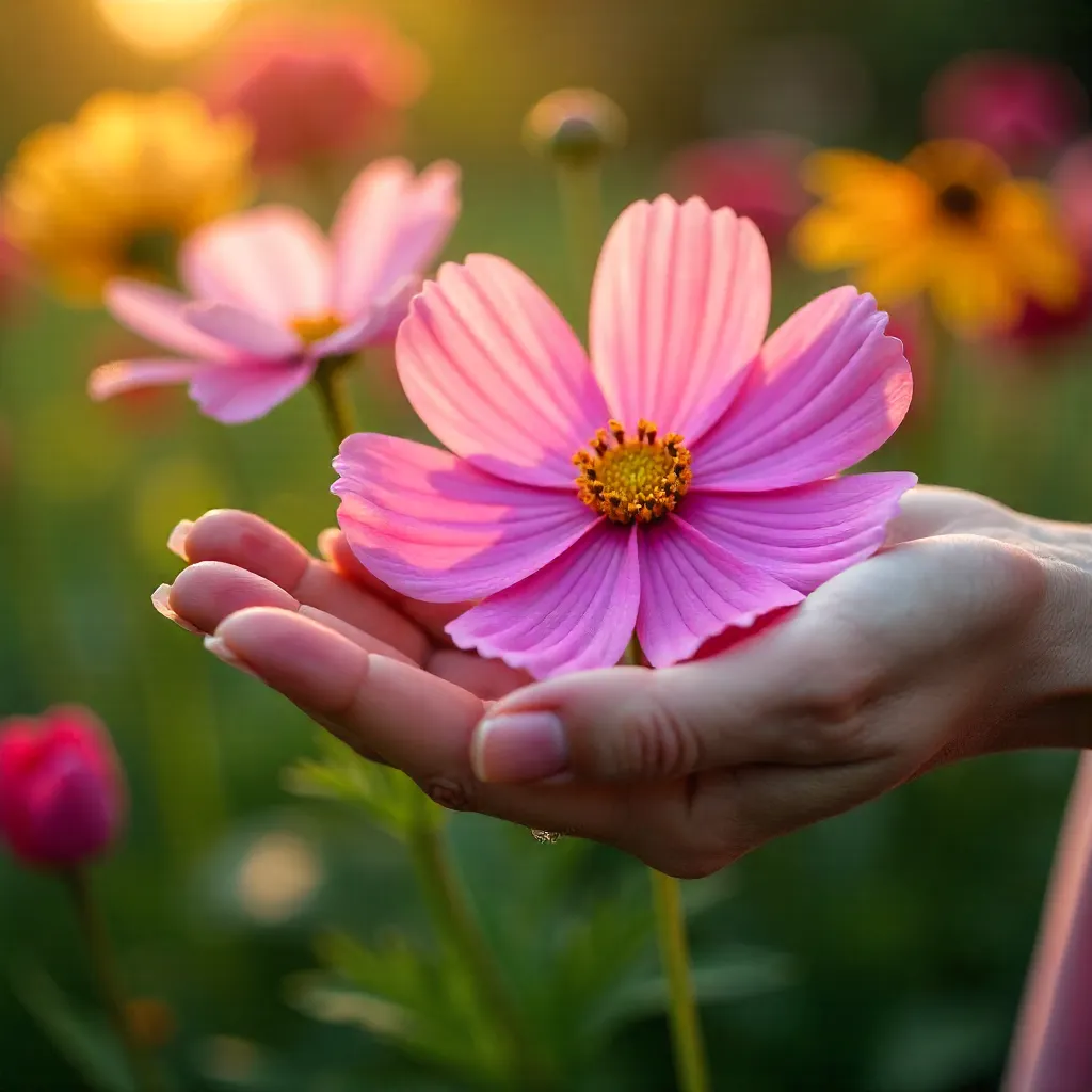 Tender Hand Holding Pink Cosmos in a Lush Garden