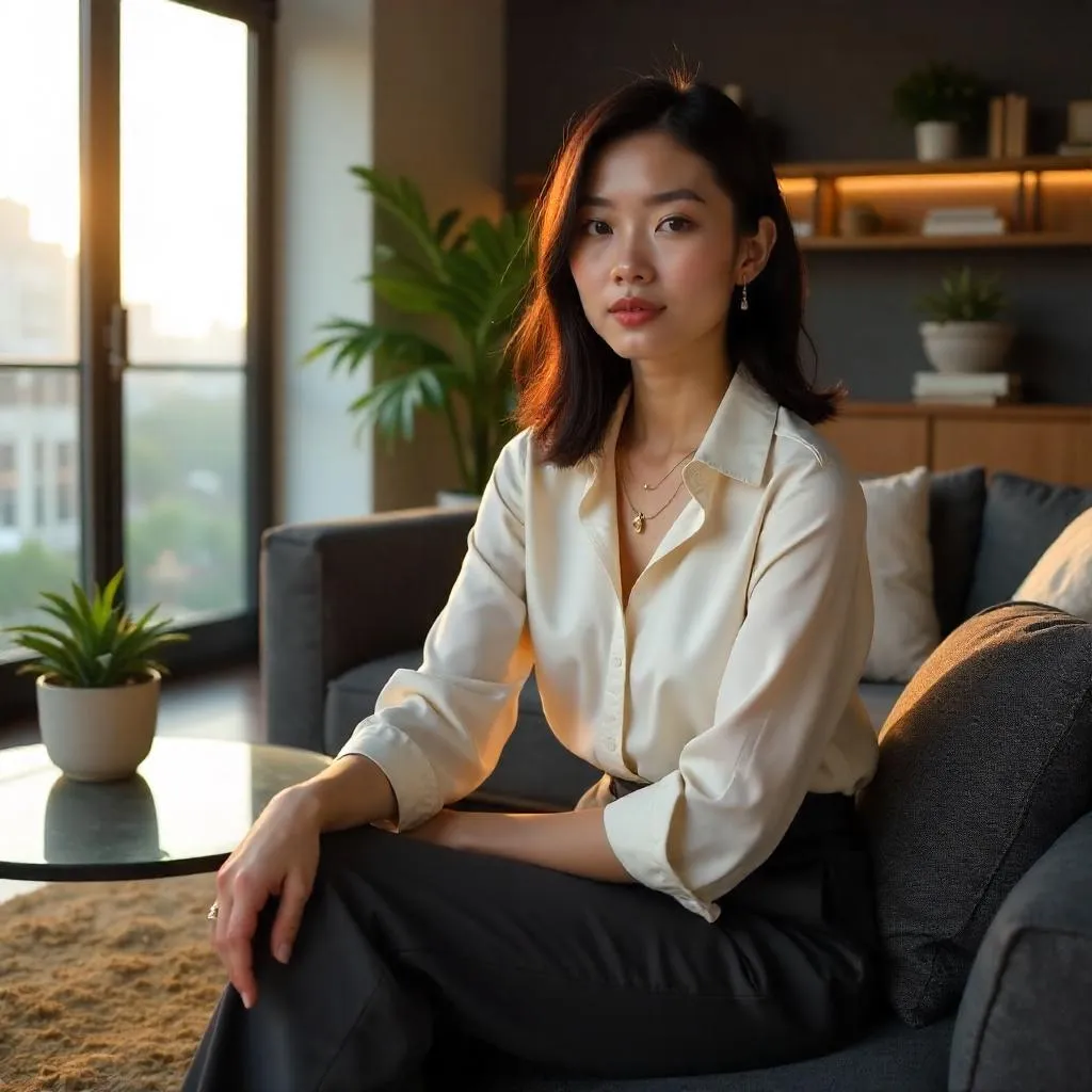 Photorealistic Asian Woman in a Modern Living Room