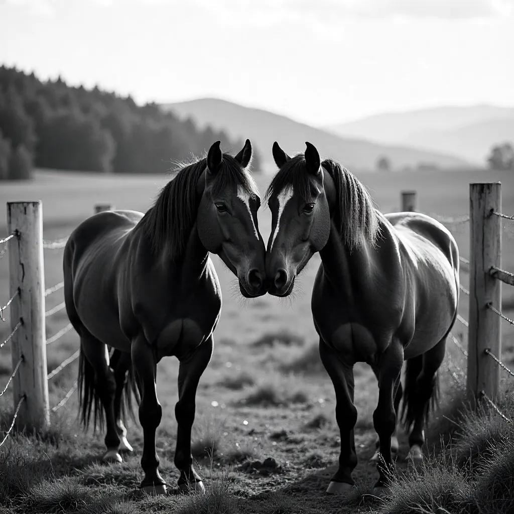 Two Horses Nuzzling in Slovakia (B&W)