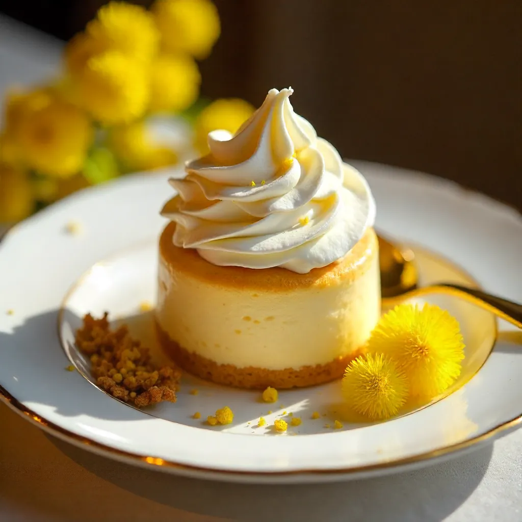 Elegant whipped cream dessert with mimosa blooms