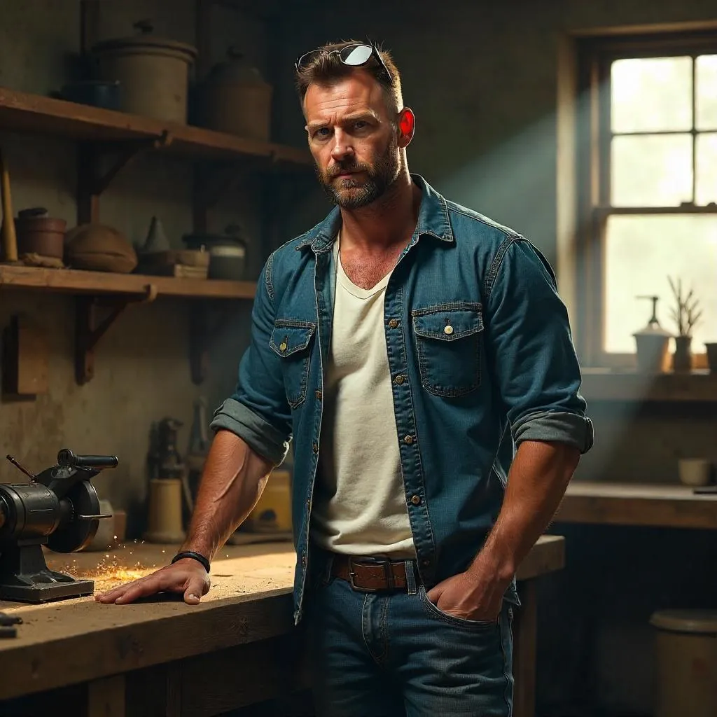 Photorealistic Strong White Man in a Workshop