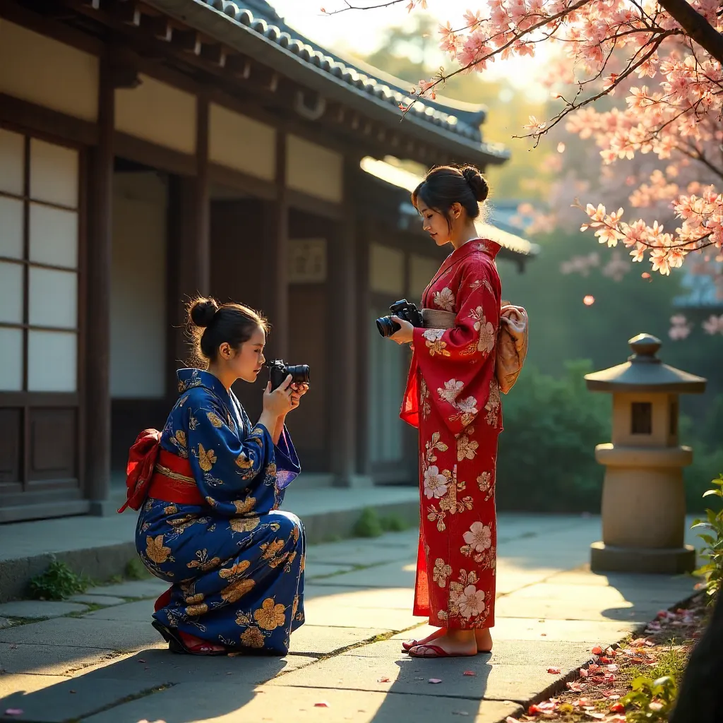 Two Women in Kimonos Photographing Outside a Tea House