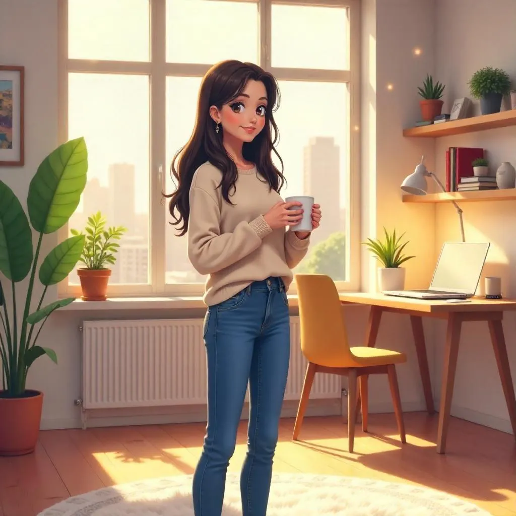 Cozy Anime Apartment Portrait of a Latina Woman