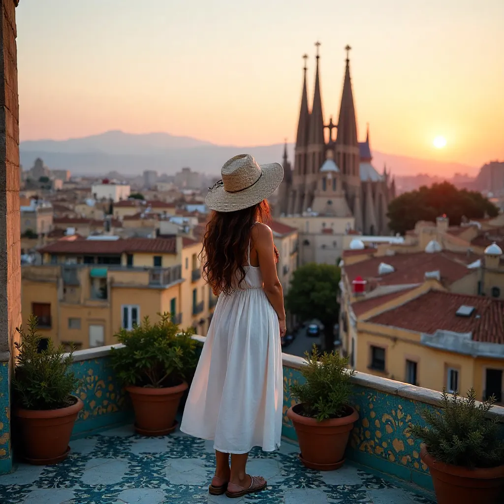 Gazing Toward Sagrada Família from a Decorated Rooftop