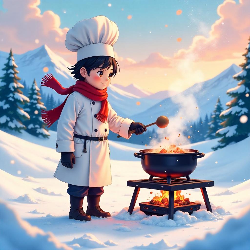 Winter Anime Chef in a Snowy Landscape