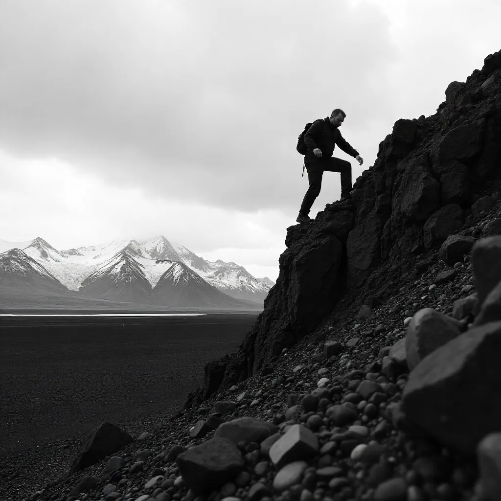 Silhouette of a Man Climbing a Rugged Icelandic Hill
