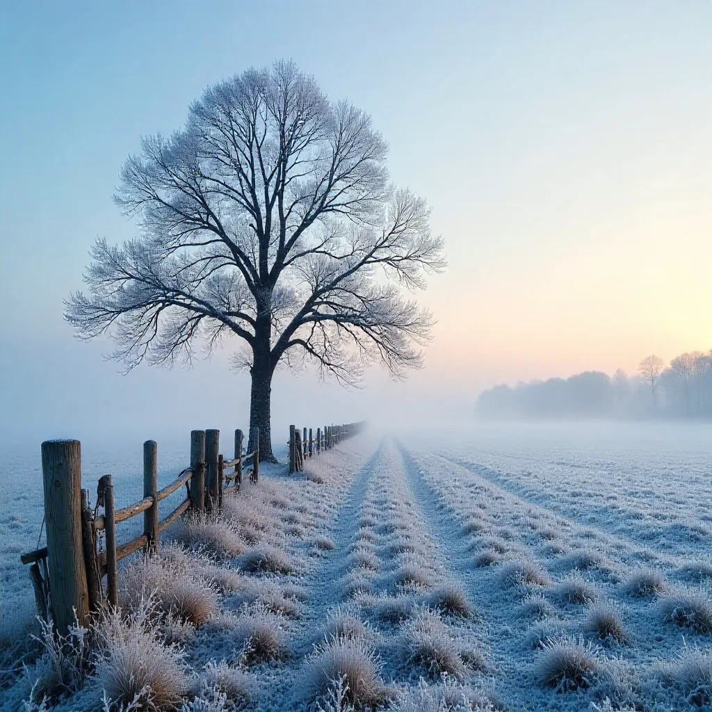 Lone Frosted Tree in a Misty Czech Winter