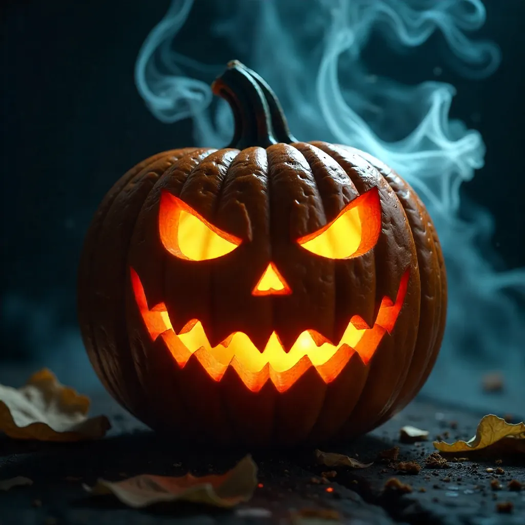 Close-Up Eerie Jack-o'-Lantern in Smoke