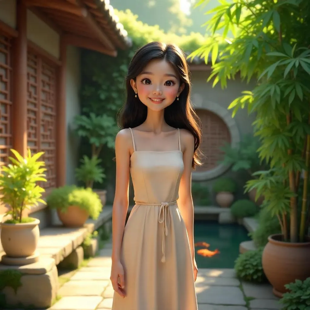 Cheerful Asian Woman in a Tranquil Courtyard (3D Render)