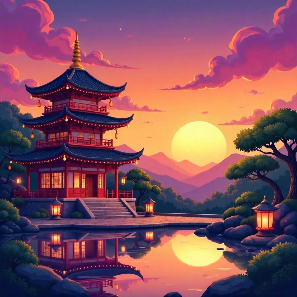 Sunset Whimsy Over a Traditional Pagoda