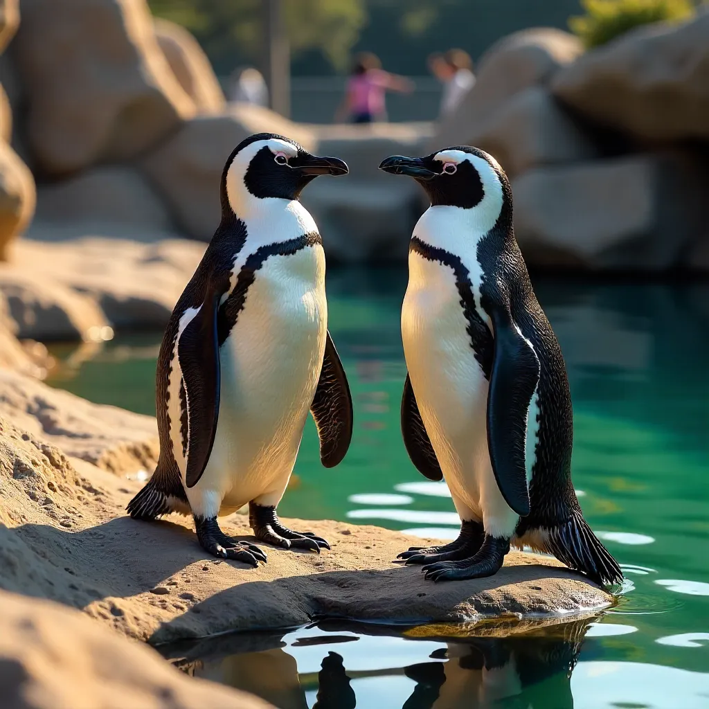 Humboldt Penguins Resting by a Rocky Pool at Callao Zoo
