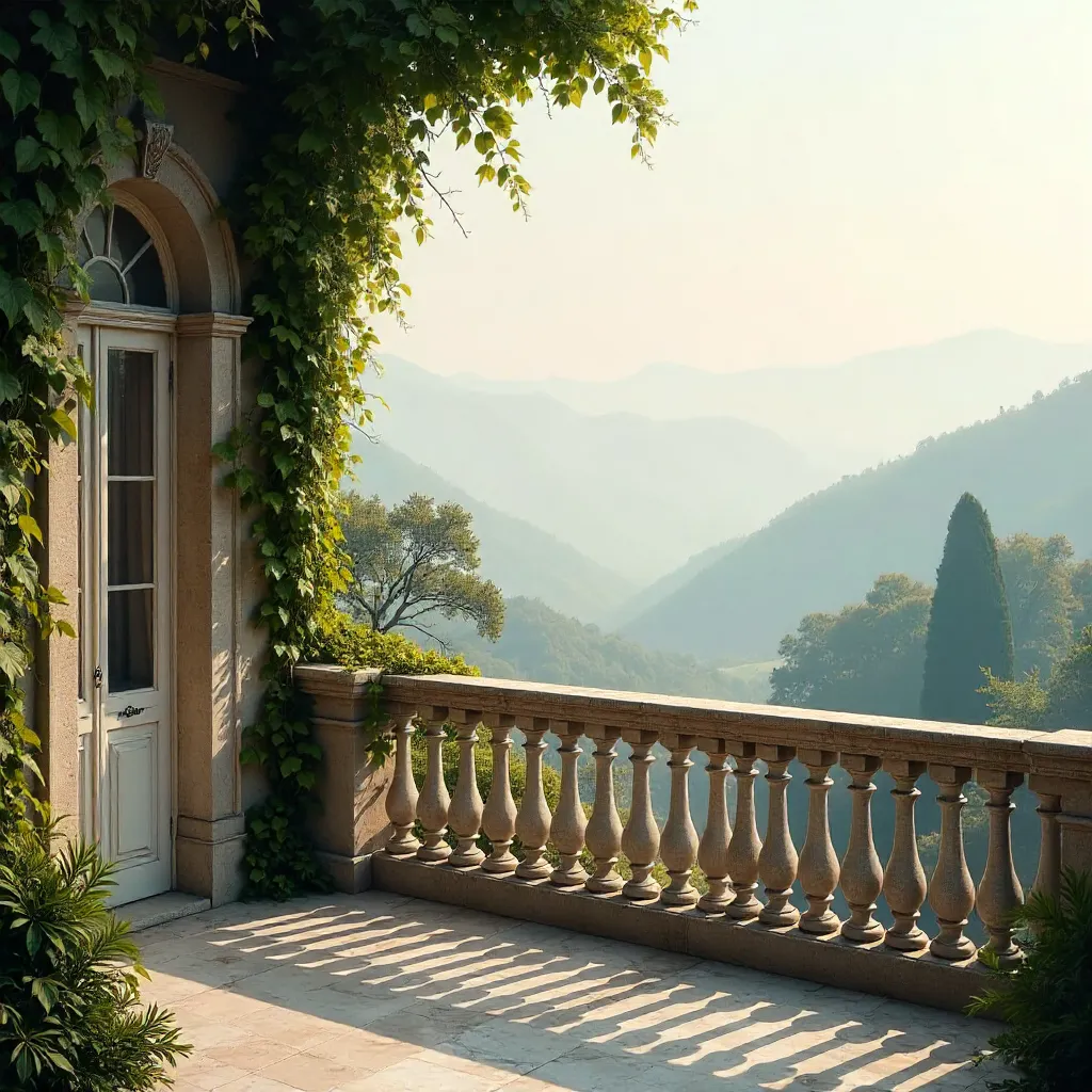 Elegant Balcony Over Misty Tree-Lined Landscape