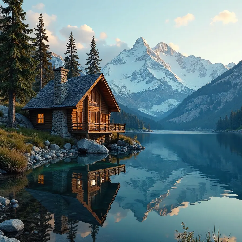 Lodge Reflections on a Pine Forest Lake