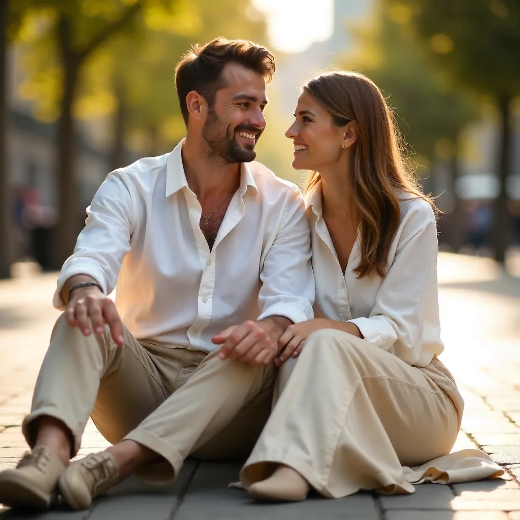 Beige and White: Outdoor Couple on Paved Ground