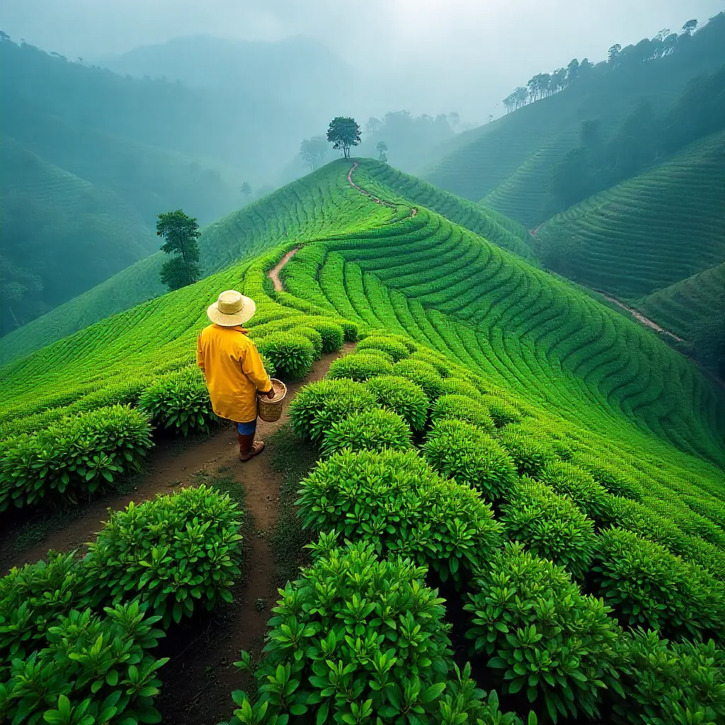 Aerial View of Kerala Tea Plantations with a Lone Worker