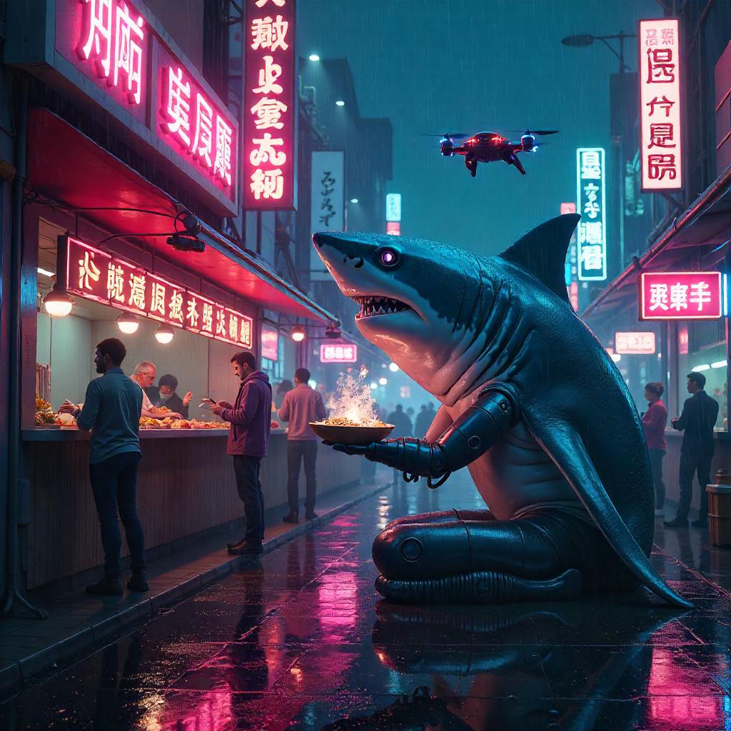 Shark in a Neon Cyberpunk Food Court