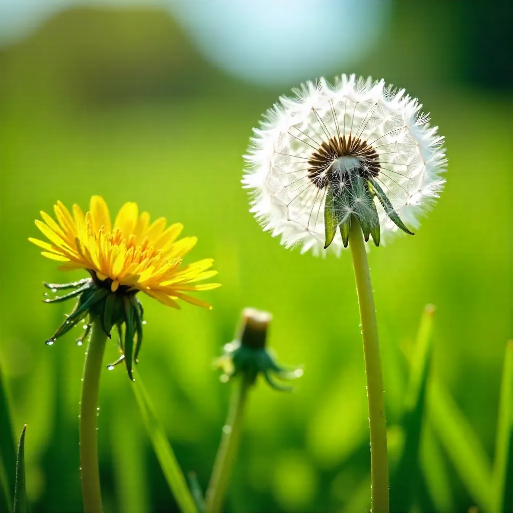 Macro close-up of dandelions in a sunlit meadow