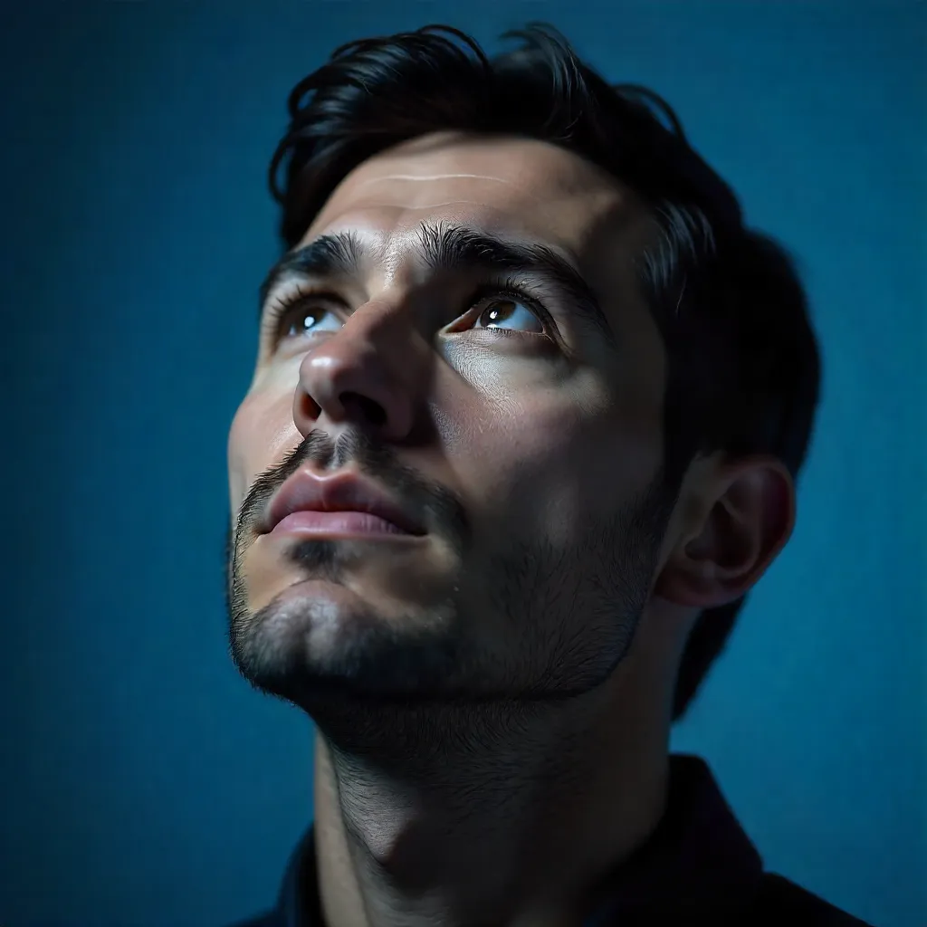 Contemplative Upward-Gazing Portrait in Blue