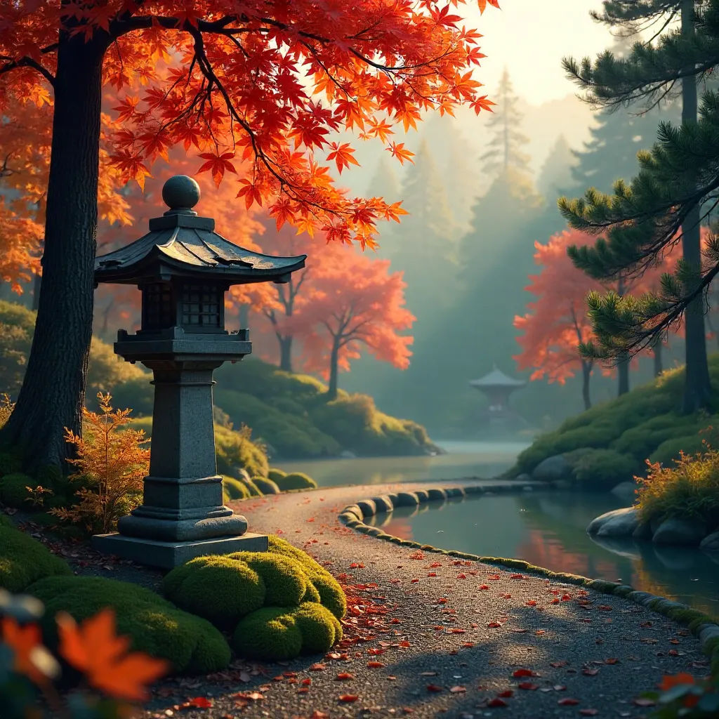 Tranquil Autumn Japanese Garden with Lanterns and Pines