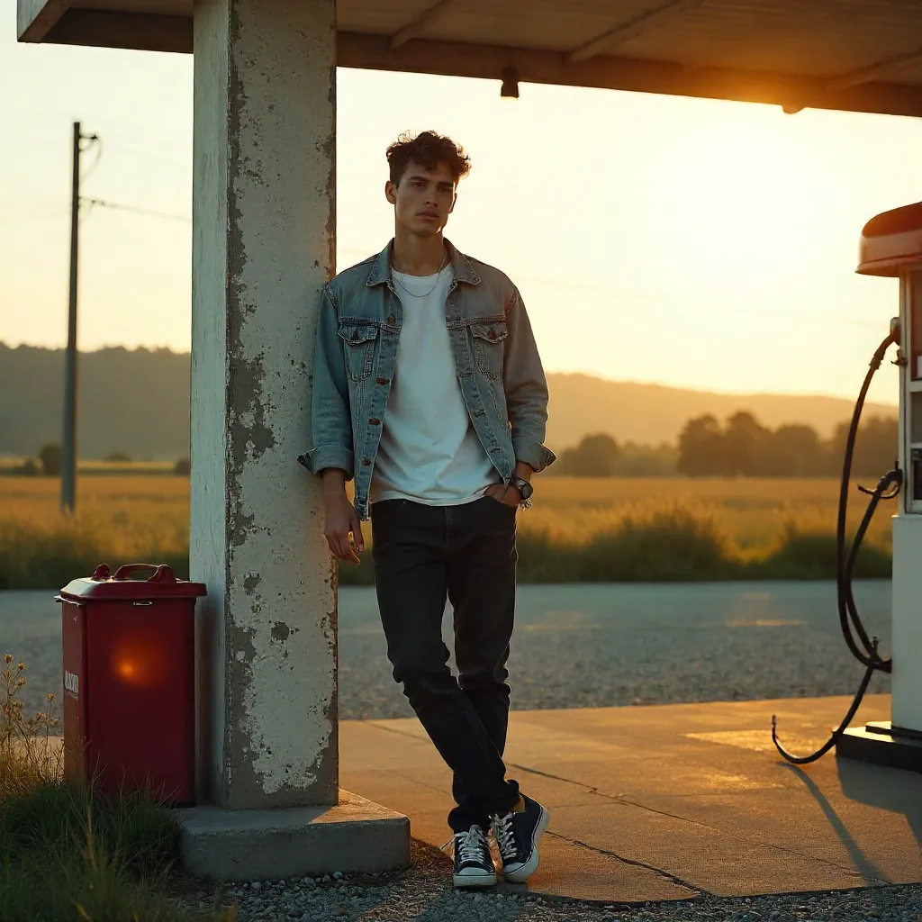 Casual Youth by a Quiet Gas Station Pillar
