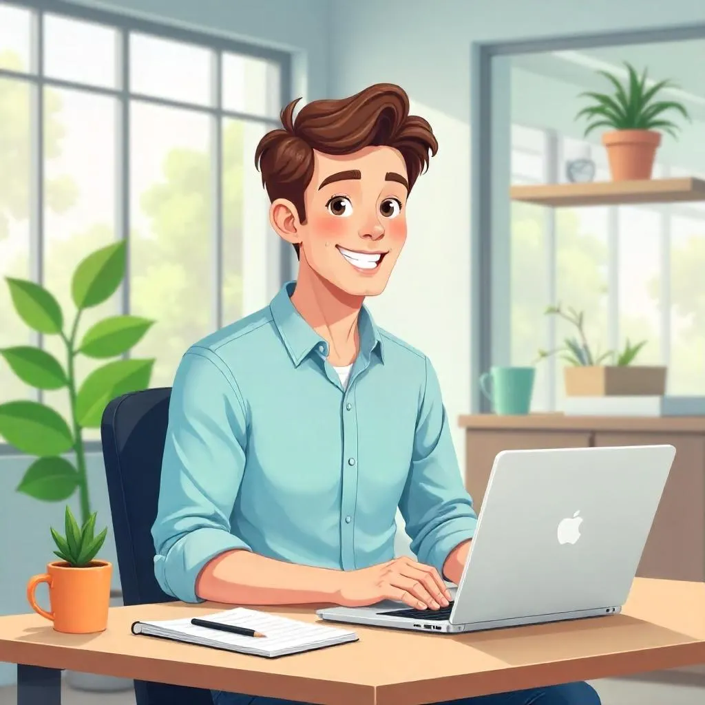 Cartoon Young White Man in a Bright Workspace