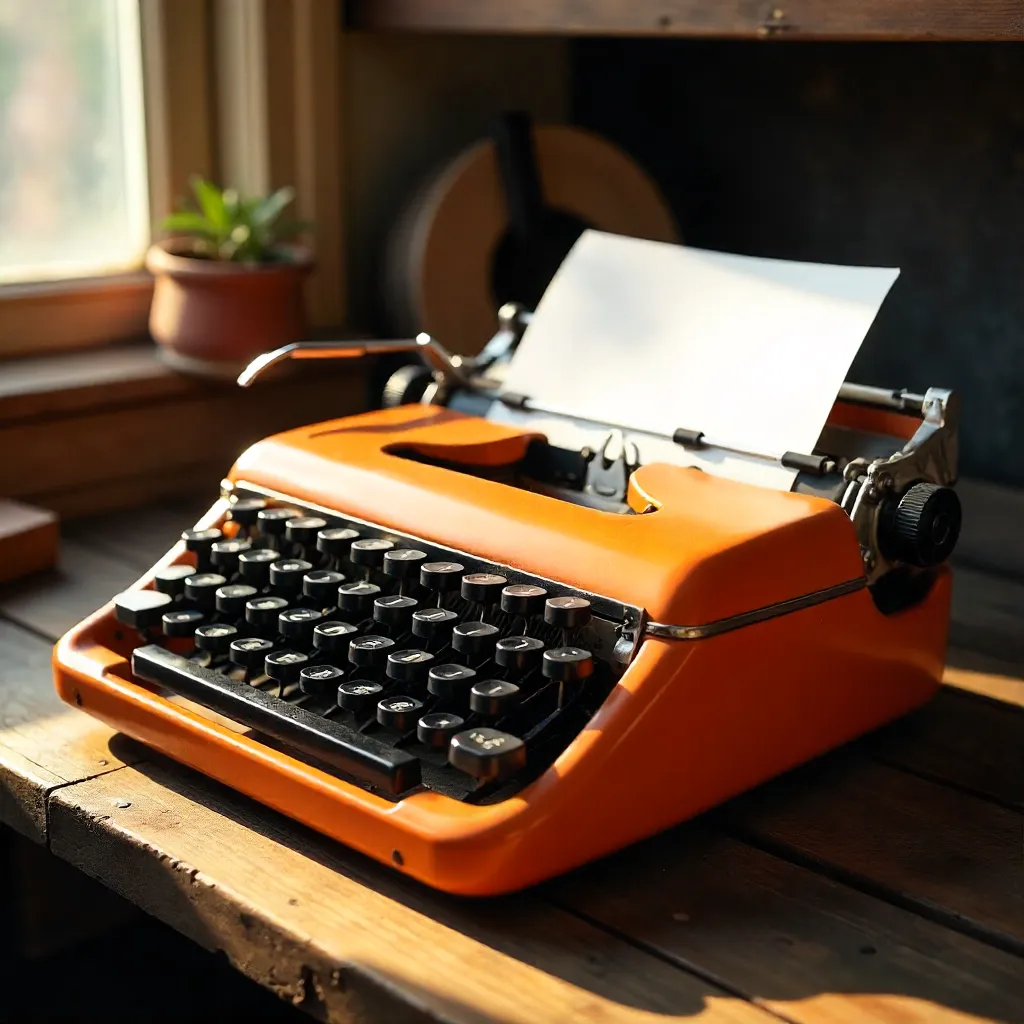 Retro Orange Typewriter on a Wooden Desk