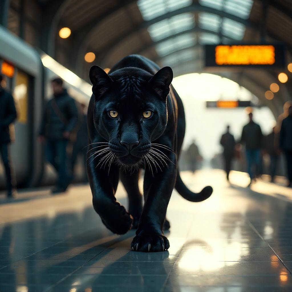Photoreal Panther in a Bustling Train Station
