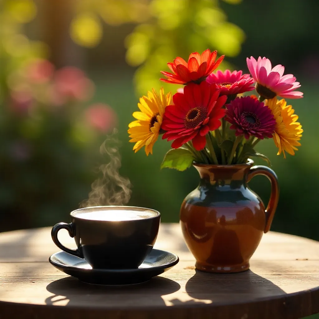 Latte in Black Cup with Colorful Vase on Outdoor Table