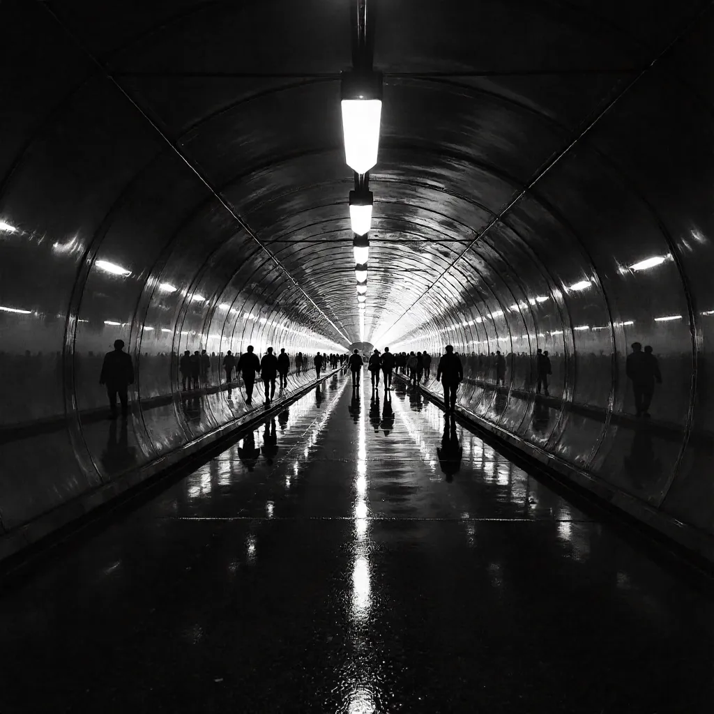 Monochrome Reflections in a Mirrored City Tunnel