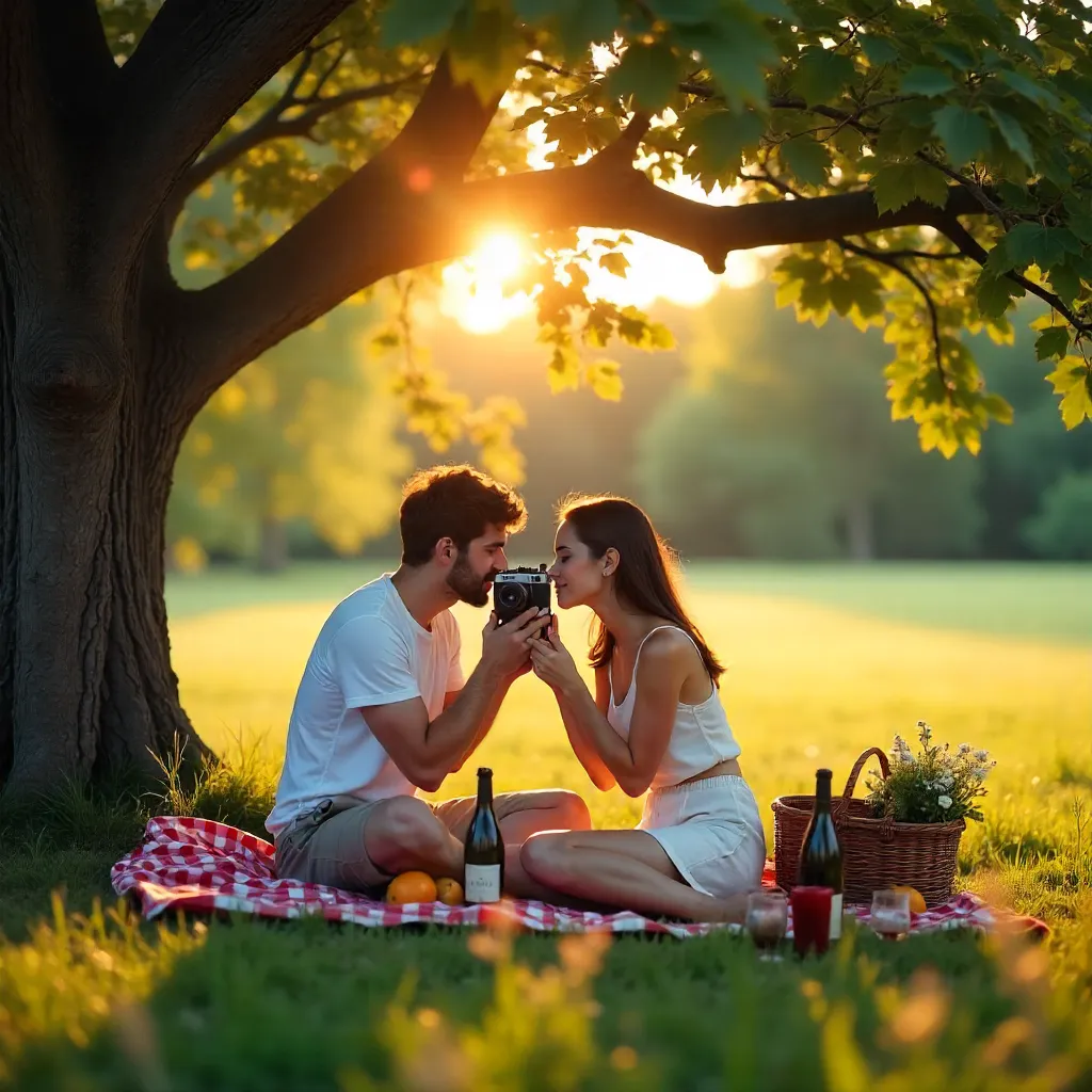 Romantic Picnic Under the Tree with Vintage Camera