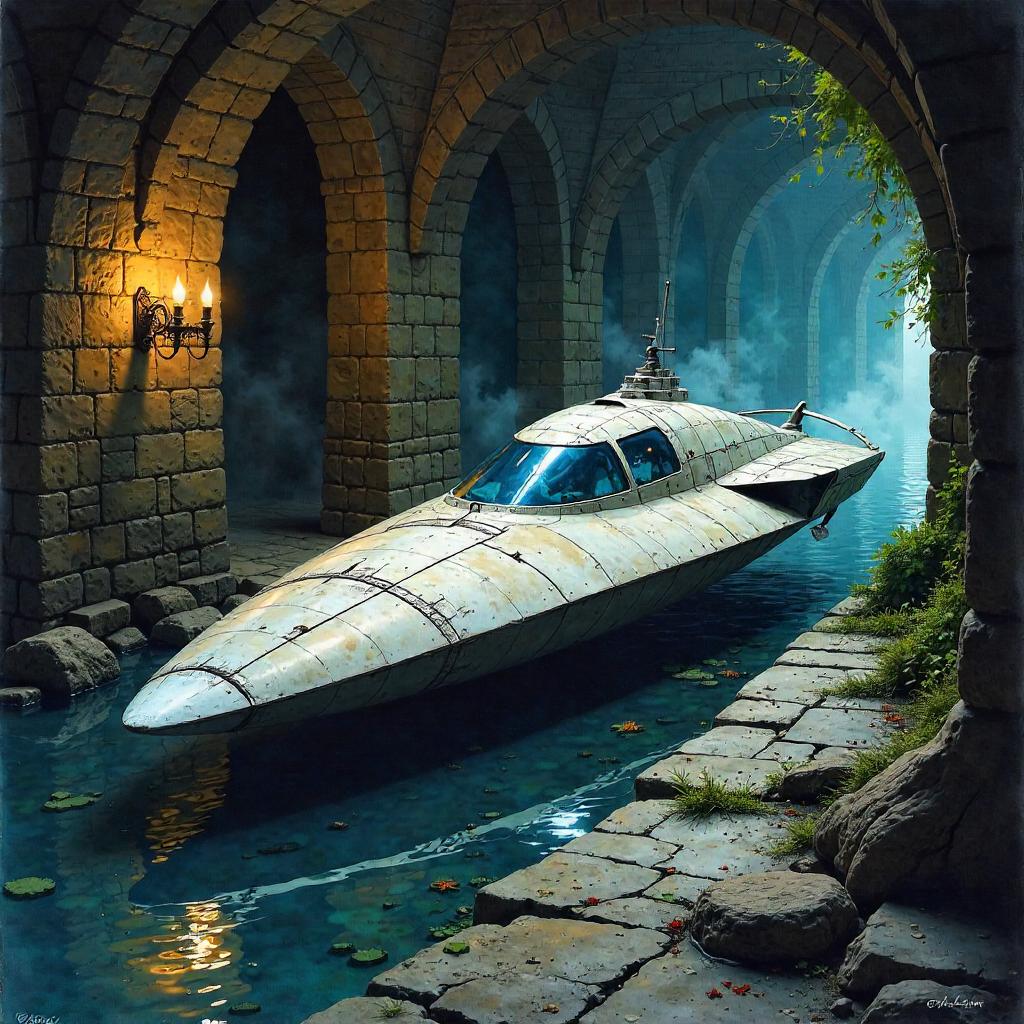 Watercolor Spaceship in a Castle Dungeon